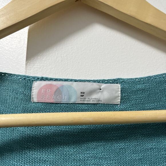 Free People Beach Marina Del Sol Linen Blend Sweater Top Size XS Teal Coastal - Picture 5 of 7